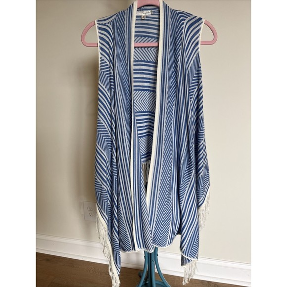 Say What XS Open Kimono Cardigan Sweater Fringe Chevron Blue Off White - Picture 1 of 5